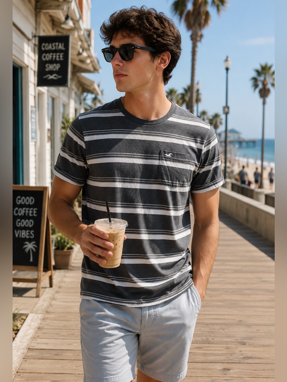 Hollister Grey White Striped Pocket Tee Large Casual Summer T‎ Shirt